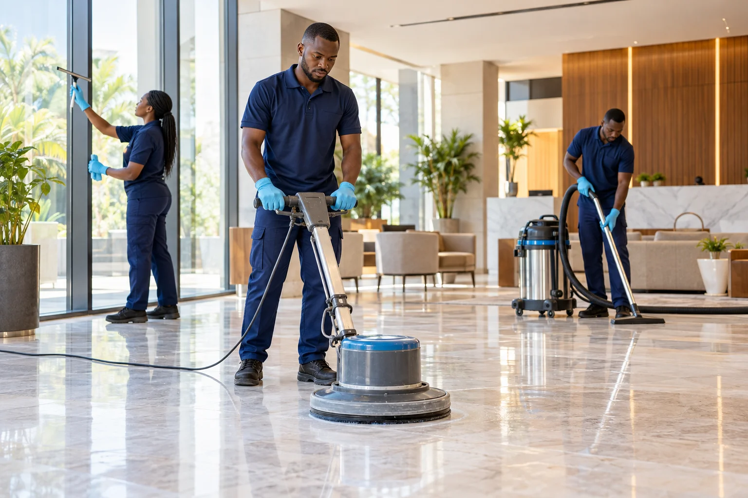 Illustration de professionnels africains nettoyant un hall avec une monobrosse et du matériel professionnel